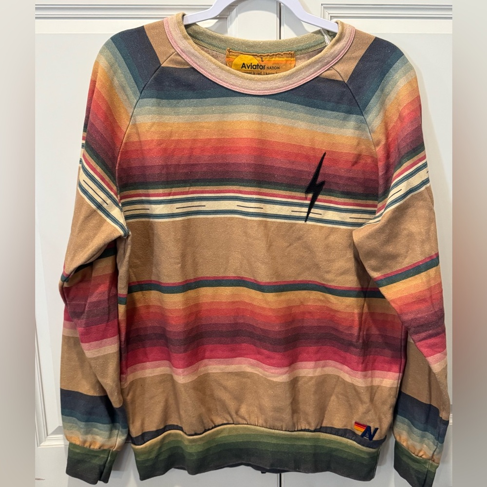 Aviator Nation Tulum Bolt Stitch Sweatshirt Women’s L Light Khaki Serape Bolt